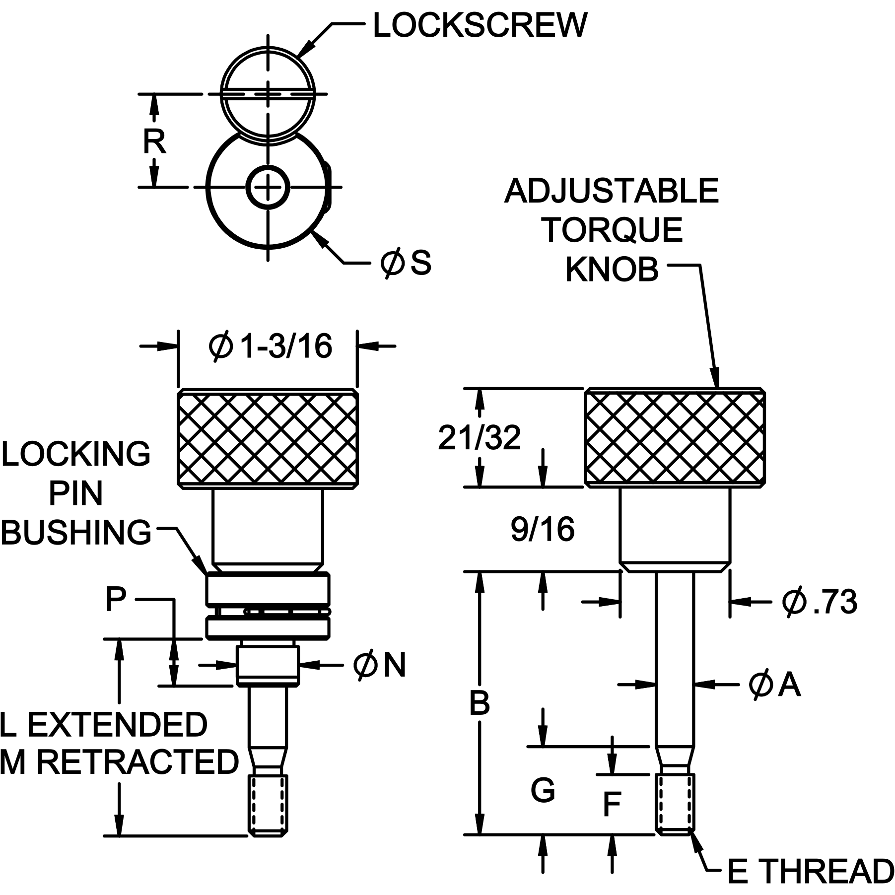 Captive pin with adjustable knob line drawing