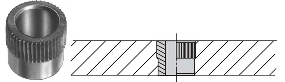 Serrated-press-fit bushings have serrations on top to prevent rotation in soft materials, such as aluminum